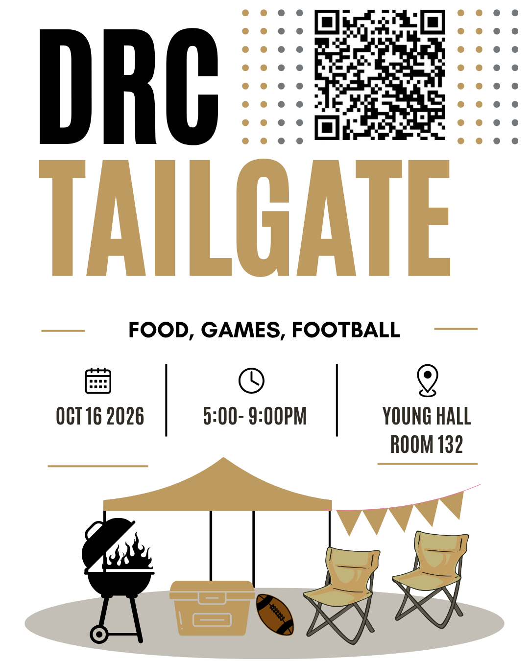 DRC Tailgate flyer featuring a football tailgate illustration. October 16, 2026, 5:00 to 9:00 p.m., Young Hall, Room 132.